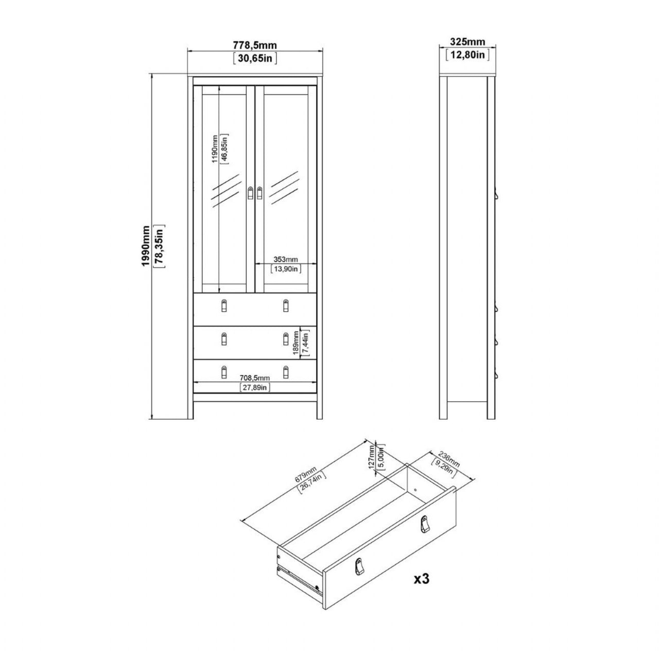 White 2 Glass Door And 3 Drawer Cabinet With Metal Round Handles