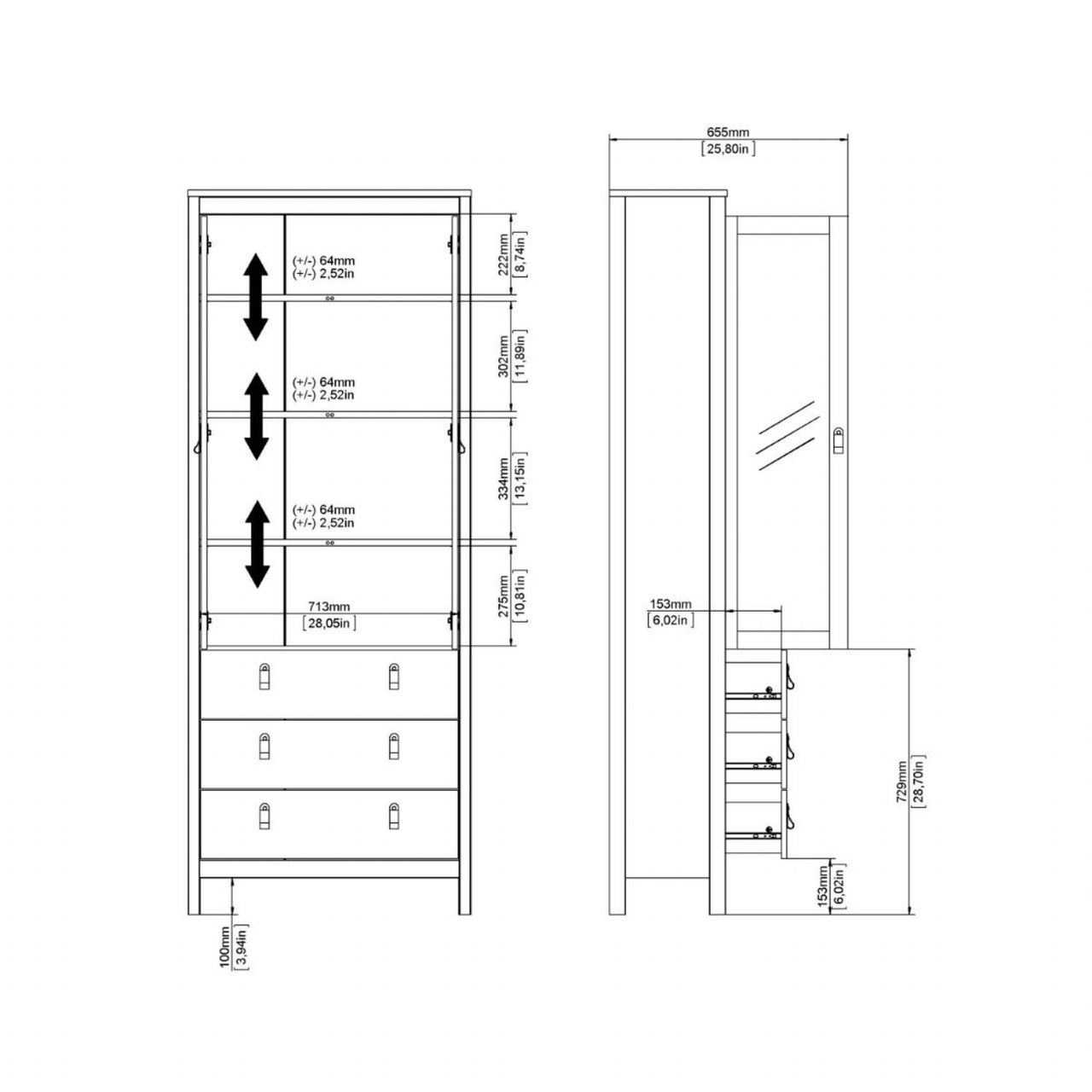 White 2 Glass Door And 3 Drawer Cabinet With Metal Round Handles