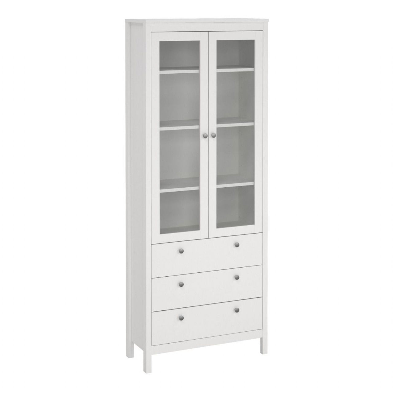 White 2 Glass Door And 3 Drawer Cabinet With Metal Round Handles