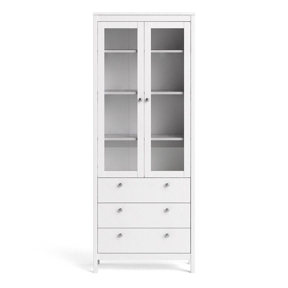 White 2 Glass Door And 3 Drawer Cabinet With Metal Round Handles