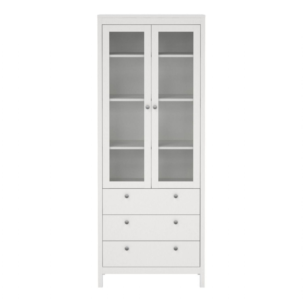 White 2 Glass Door And 3 Drawer Cabinet With Metal Round Handles