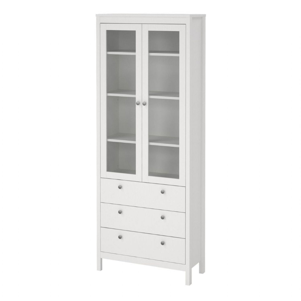 White 2 Glass Door And 3 Drawer Cabinet With Metal Round Handles