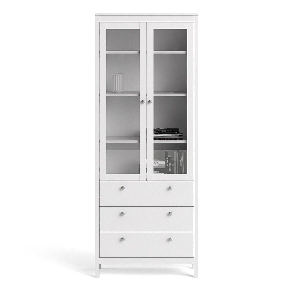 White 2 Glass Door And 3 Drawer Cabinet With Metal Round Handles