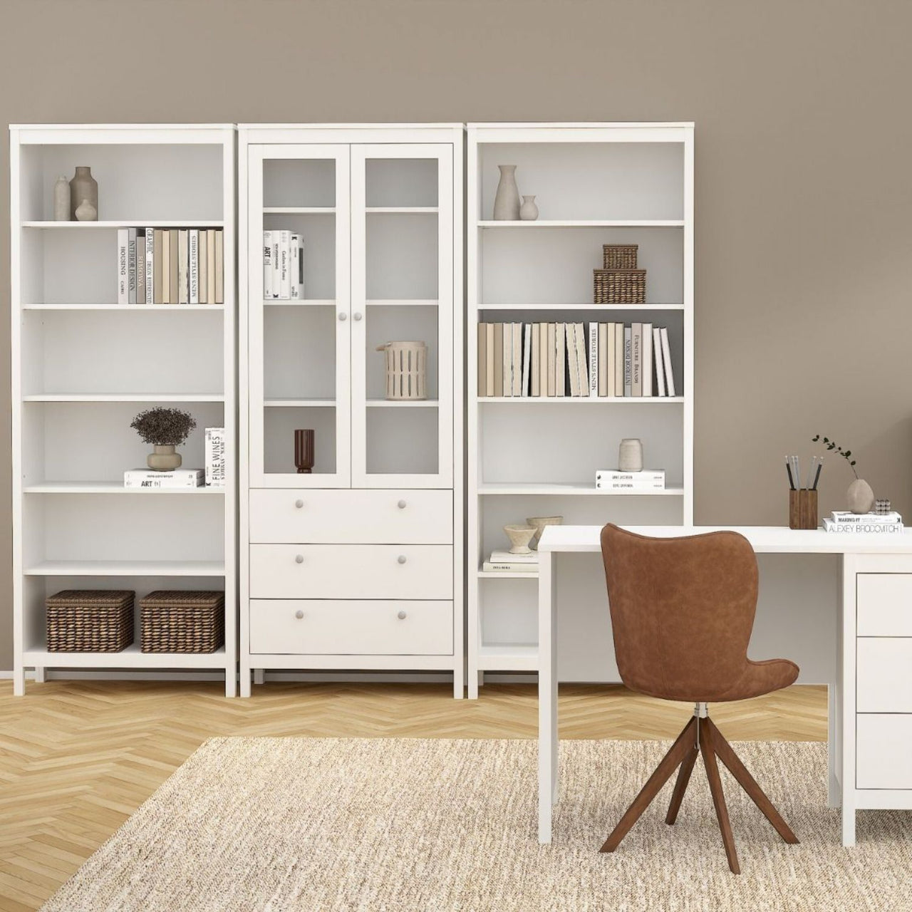 White 2 Glass Door And 3 Drawer Cabinet With Metal Round Handles