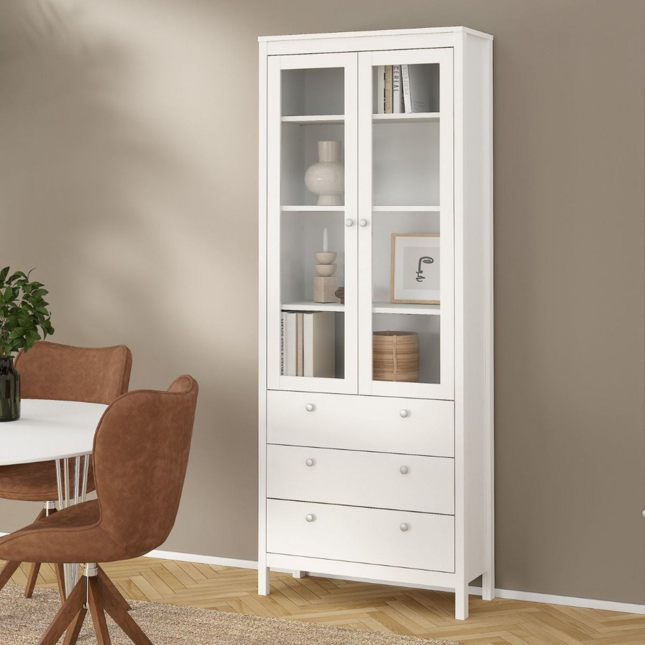 White 2 Glass Door And 3 Drawer Cabinet With Metal Round Handles