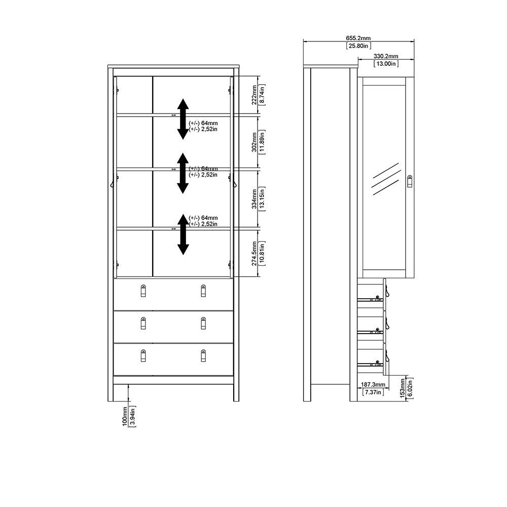 Matt Black 2 Glass Door 3 Drawer Cabinet With Metal Knobs 199x77.85cm