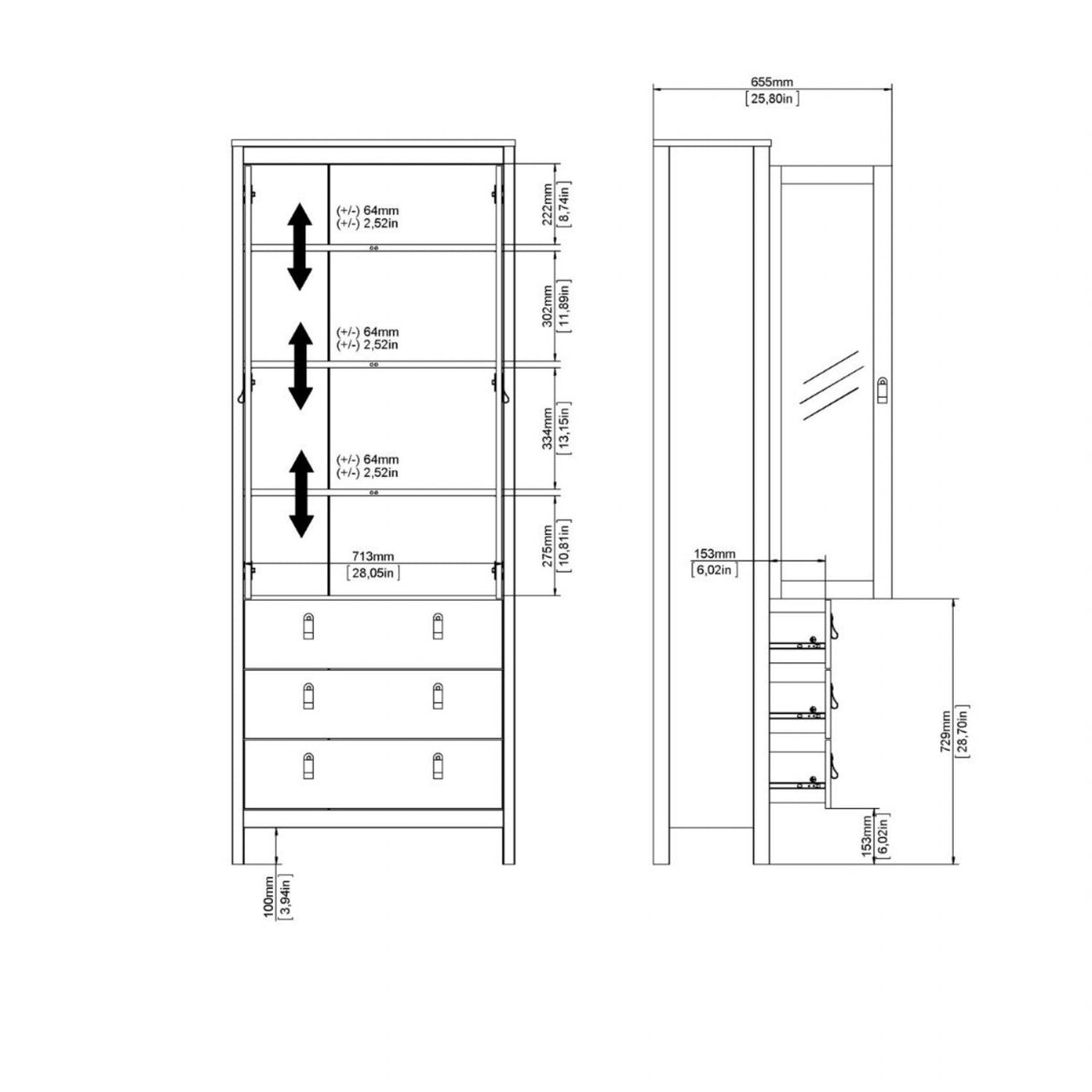 Matt Black 2 Glass Door 3 Drawer Cabinet With Metal Knobs 199x77.85cm