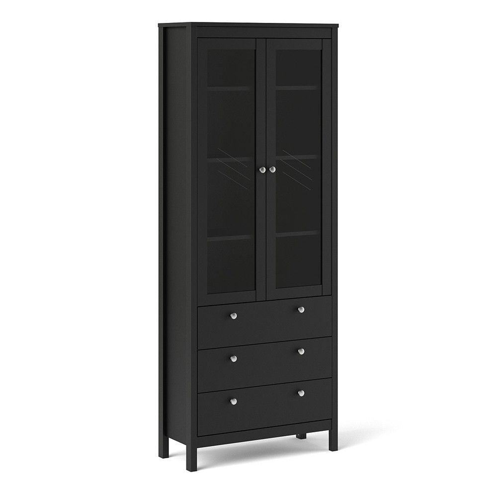 Matt Black 2 Glass Door 3 Drawer Cabinet With Metal Knobs 199x77.85cm