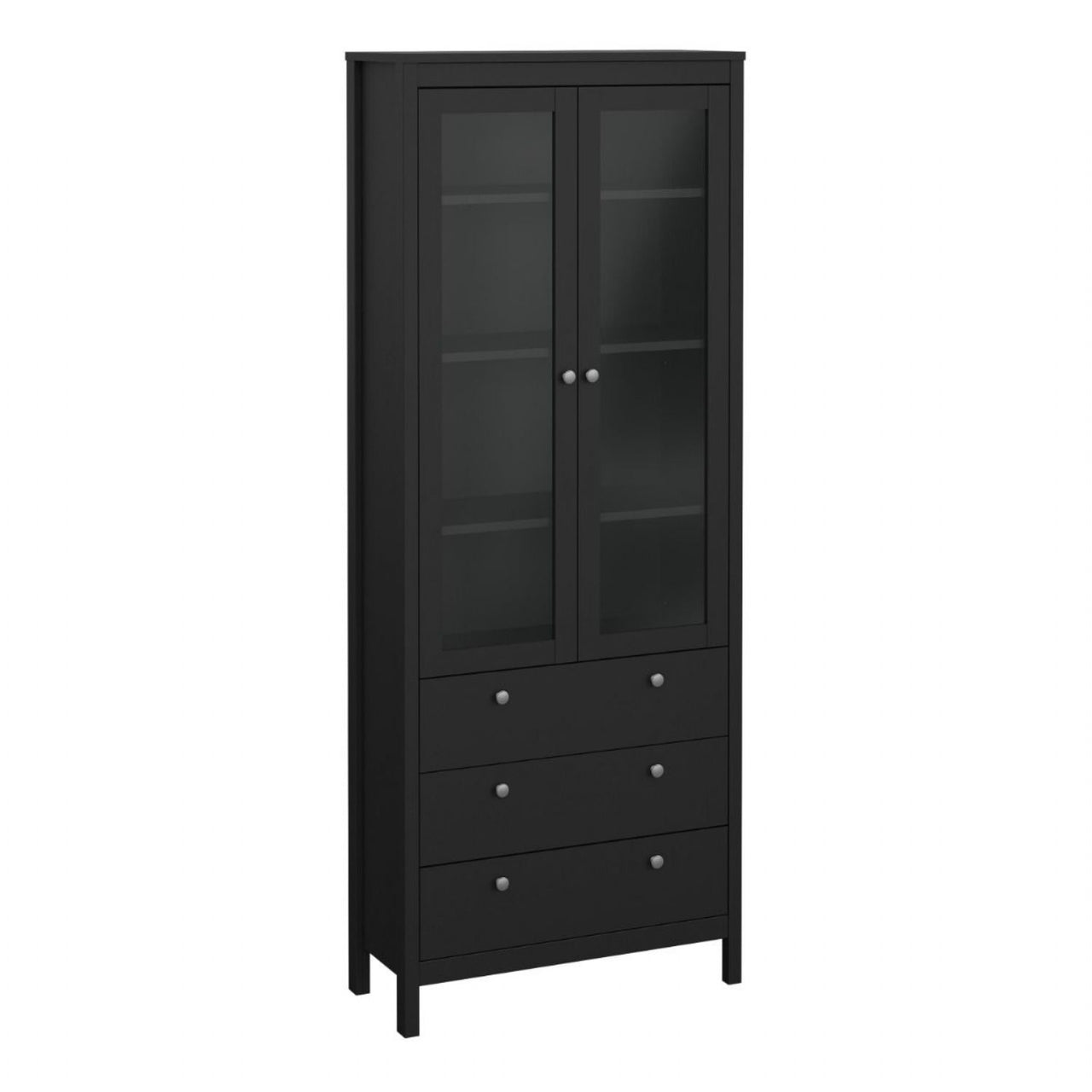 Matt Black 2 Glass Door 3 Drawer Cabinet With Metal Knobs 199x77.85cm