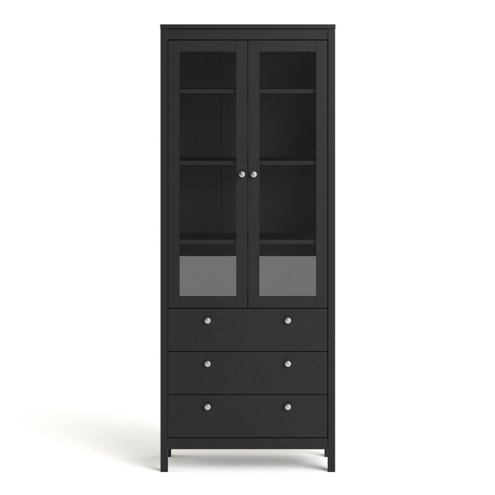 Matt Black 2 Glass Door 3 Drawer Cabinet With Metal Knobs 199x77.85cm