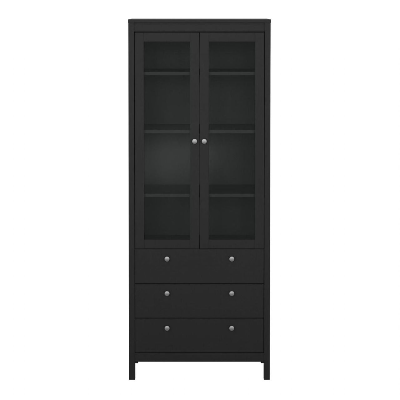 Matt Black 2 Glass Door 3 Drawer Cabinet With Metal Knobs 199x77.85cm