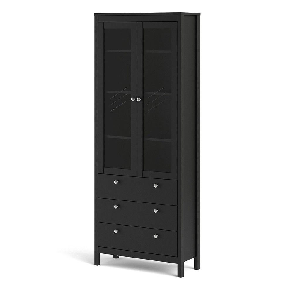 Matt Black 2 Glass Door 3 Drawer Cabinet With Metal Knobs 199x77.85cm