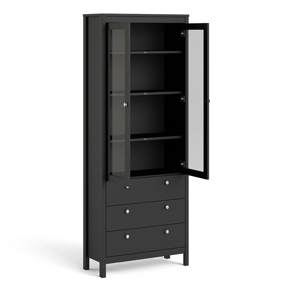 Matt Black 2 Glass Door 3 Drawer Cabinet With Metal Knobs 199x77.85cm