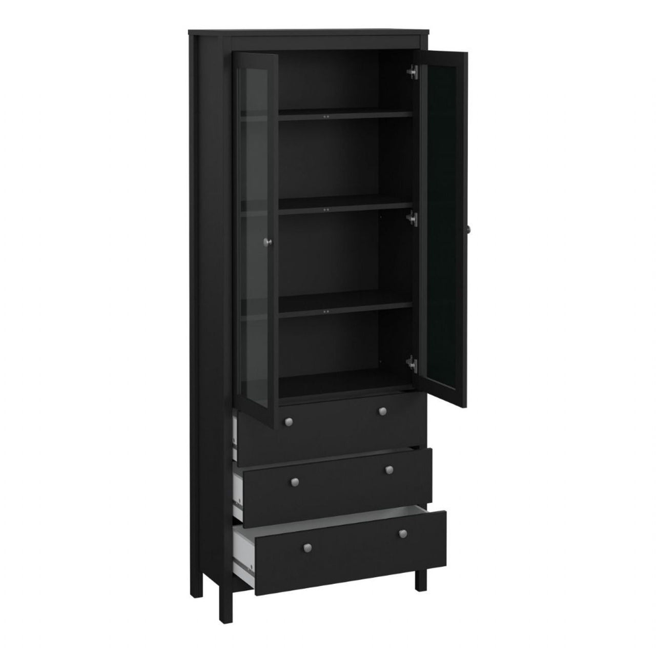 Matt Black 2 Glass Door 3 Drawer Cabinet With Metal Knobs 199x77.85cm