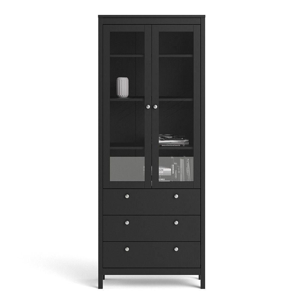 Matt Black 2 Glass Door 3 Drawer Cabinet With Metal Knobs 199x77.85cm