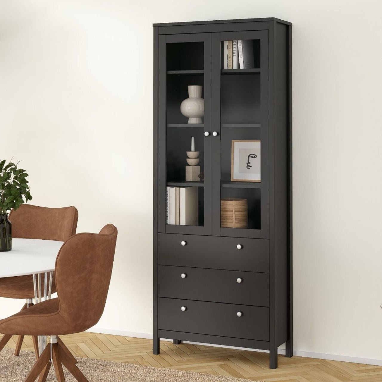 Matt Black 2 Glass Door 3 Drawer Cabinet With Metal Knobs 199x77.85cm