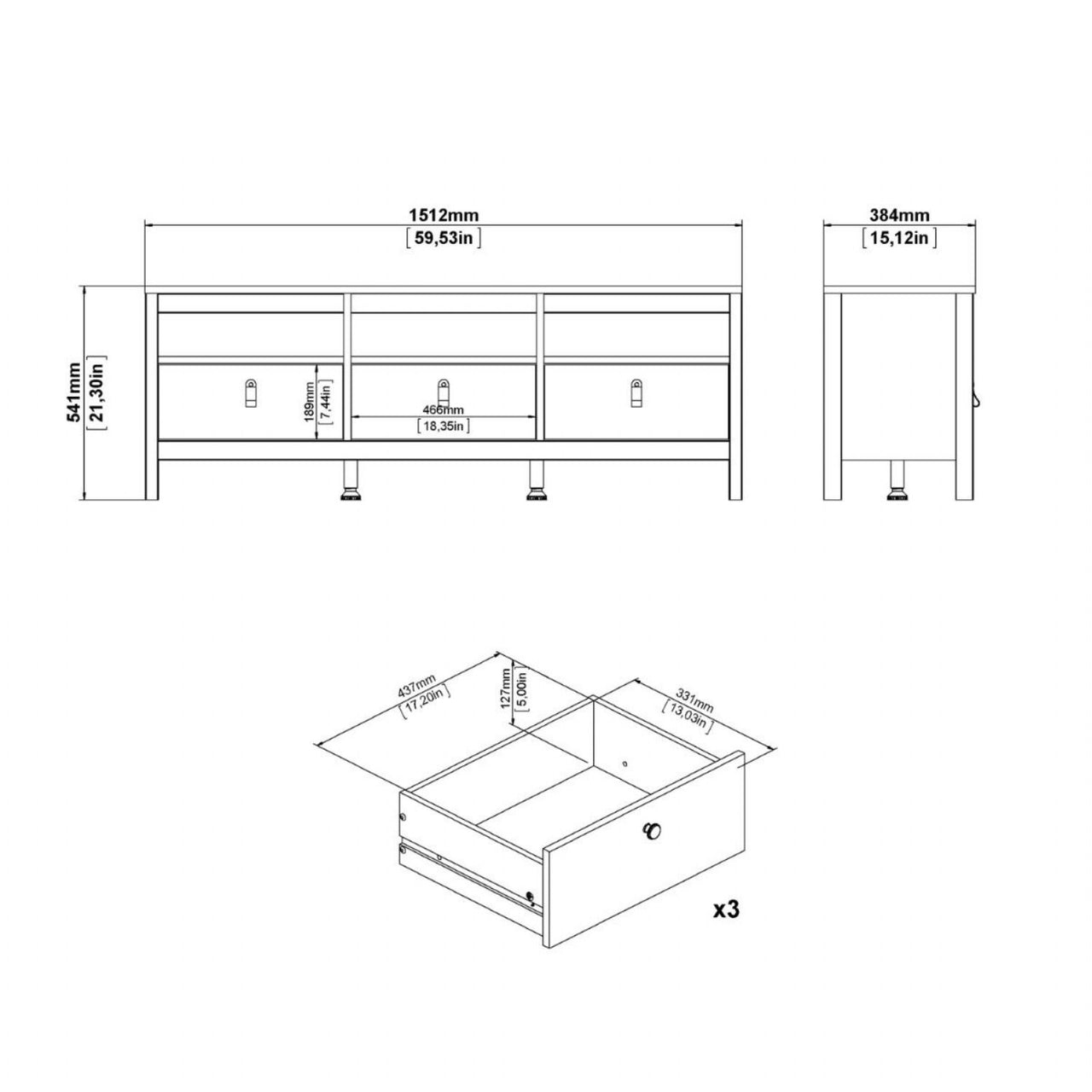 Large White Wooden TV Media Unit with 3 Drawers