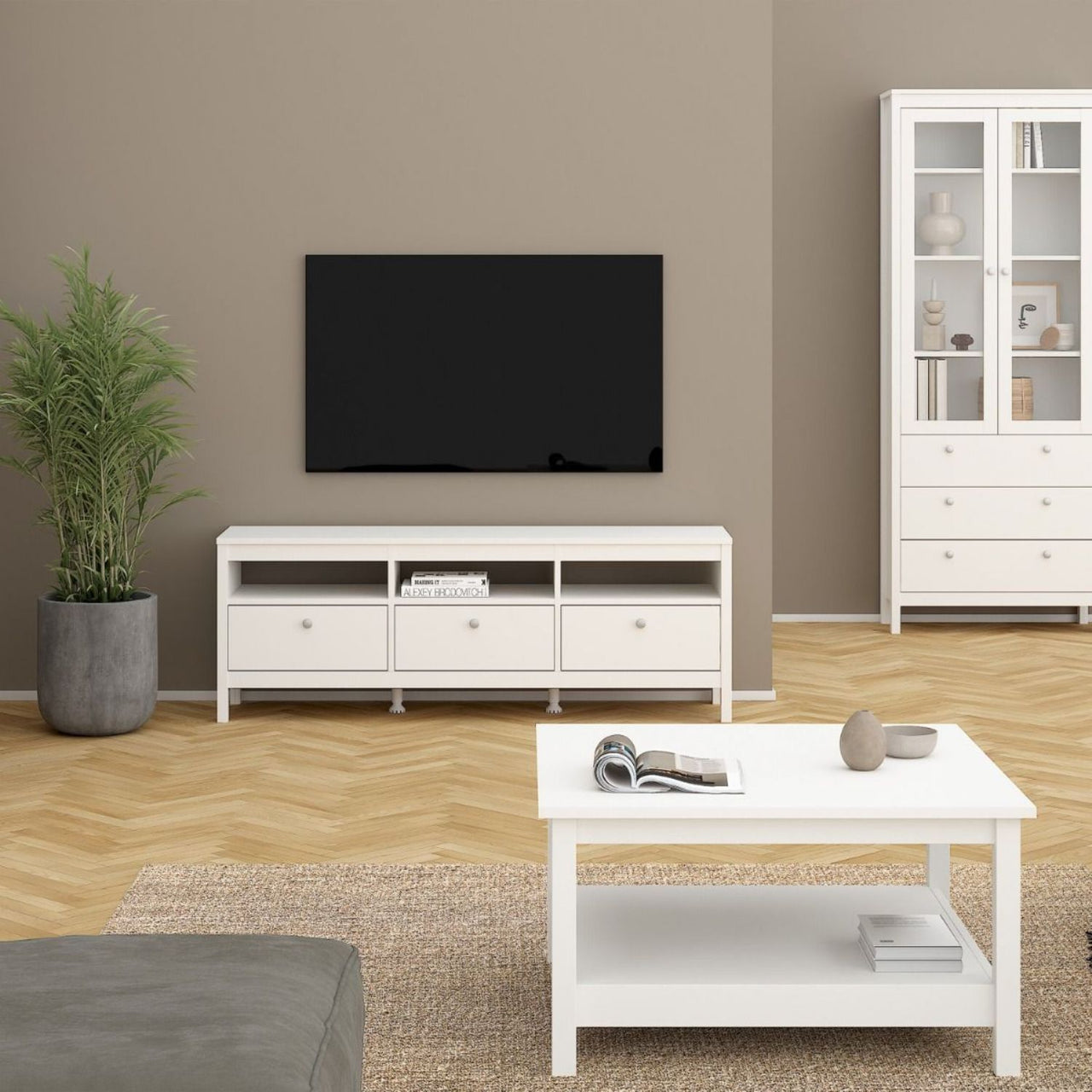 Large White Wooden TV Media Unit with 3 Drawers