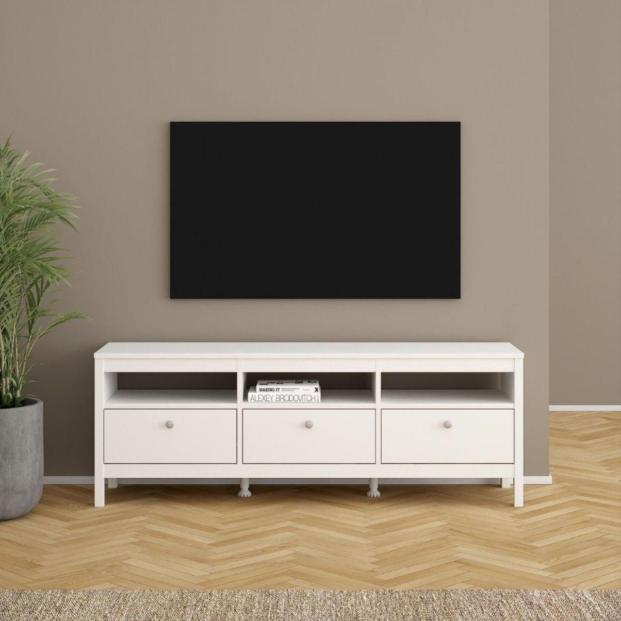 Large White Wooden TV Media Unit with 3 Drawers