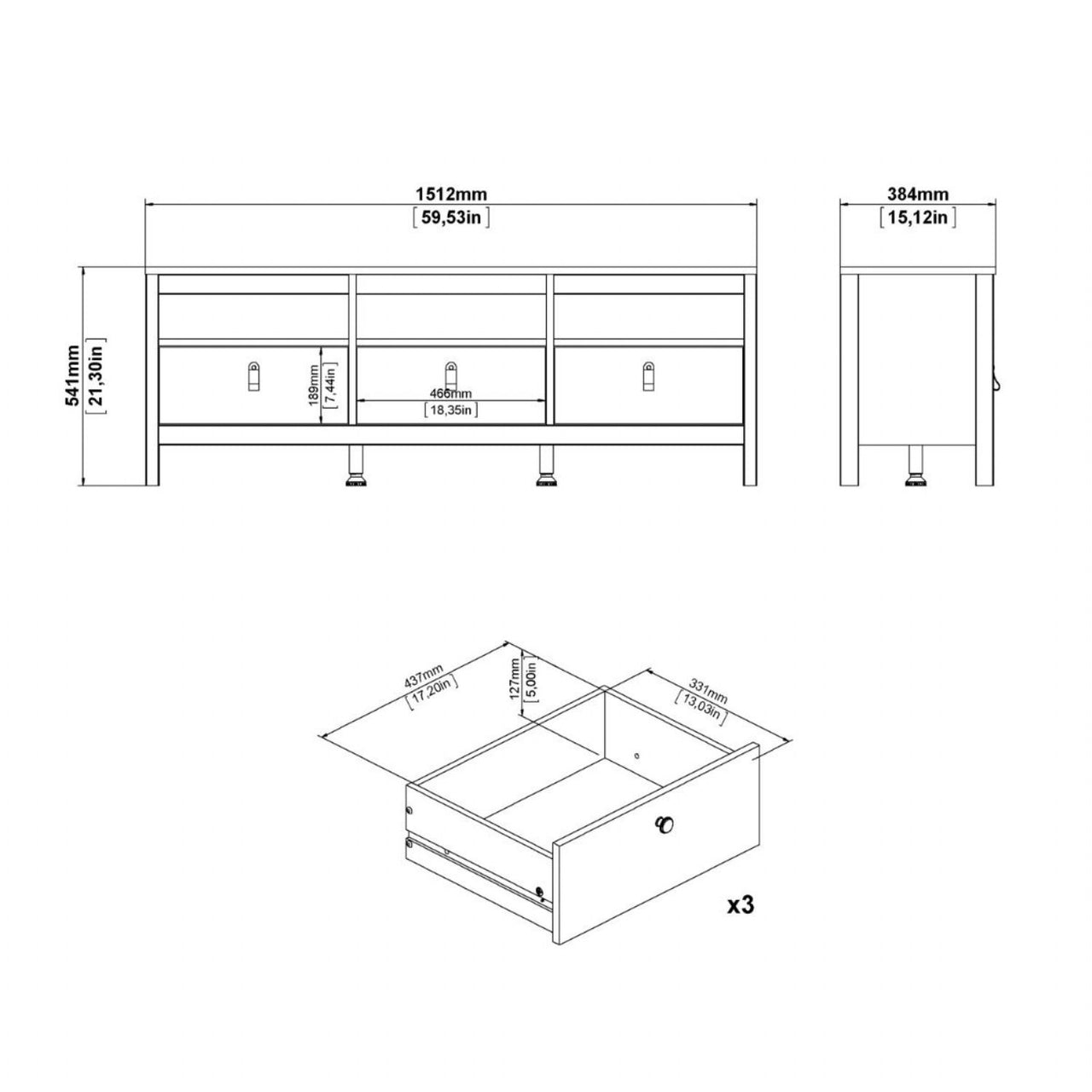 Matt Black 3 Drawer TV Unit