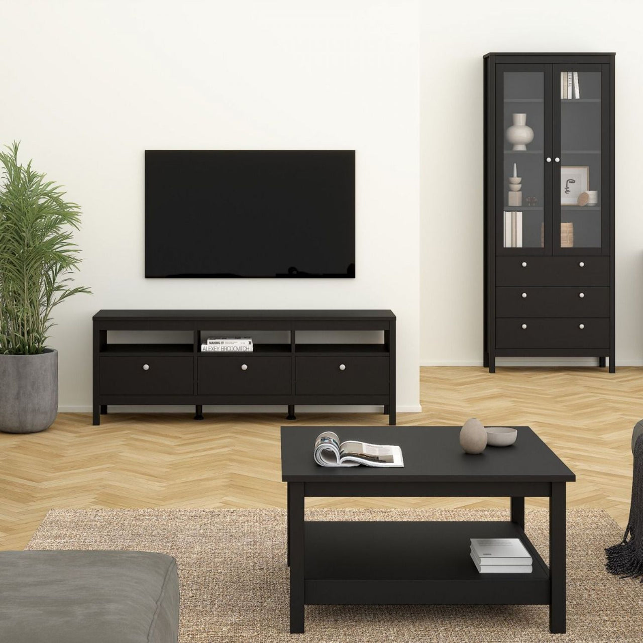 Matt Black 3 Drawer TV Unit