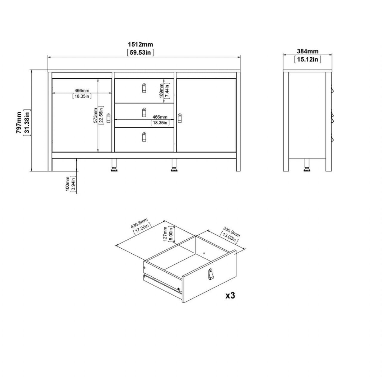 Modern Wide White 2 Door 3 Drawer Sideboard