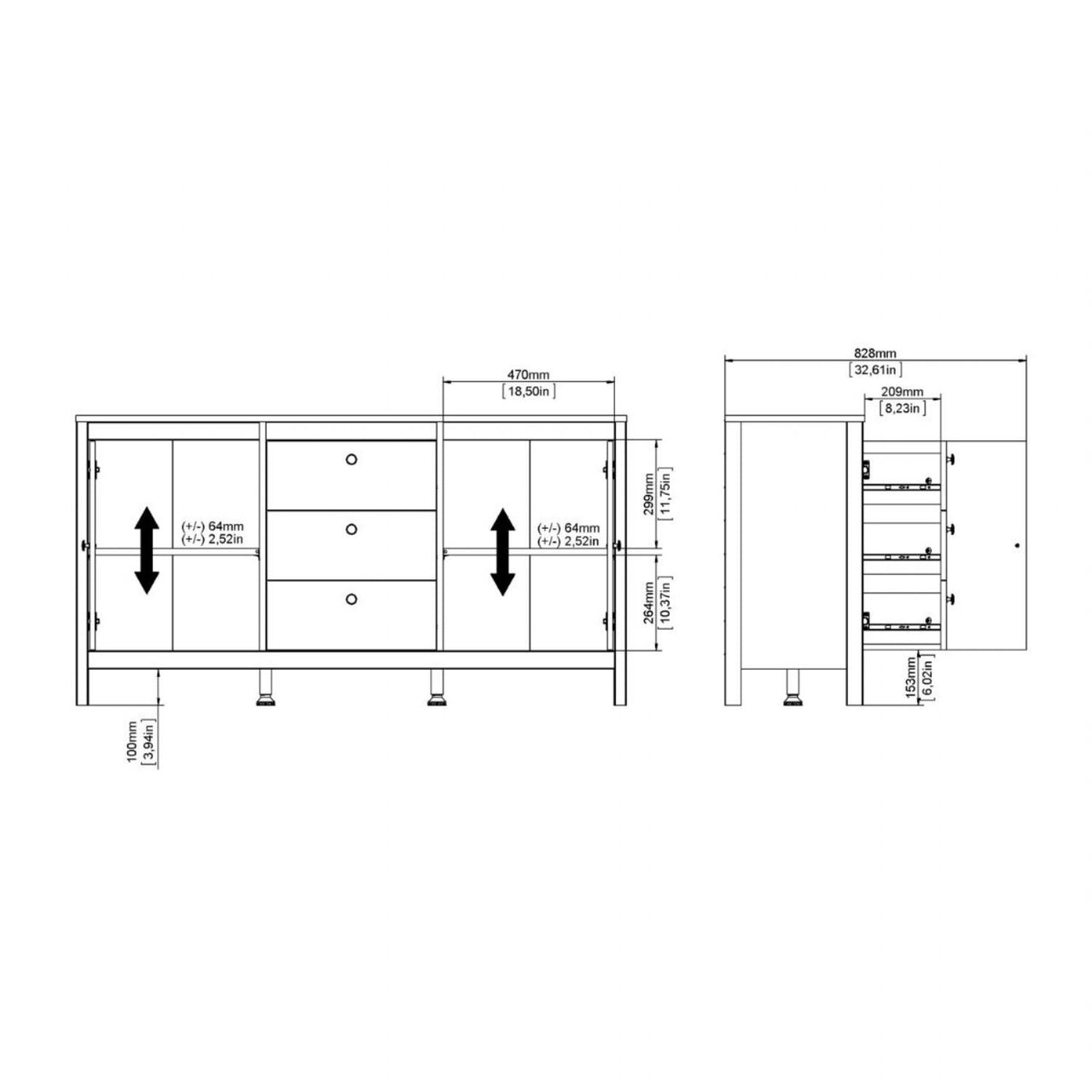 Modern Wide White 2 Door 3 Drawer Sideboard