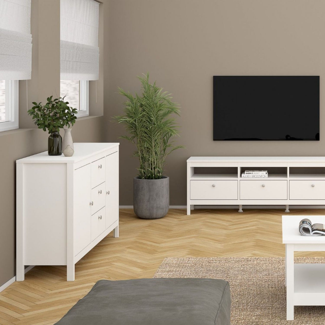 Modern Wide White 2 Door 3 Drawer Sideboard