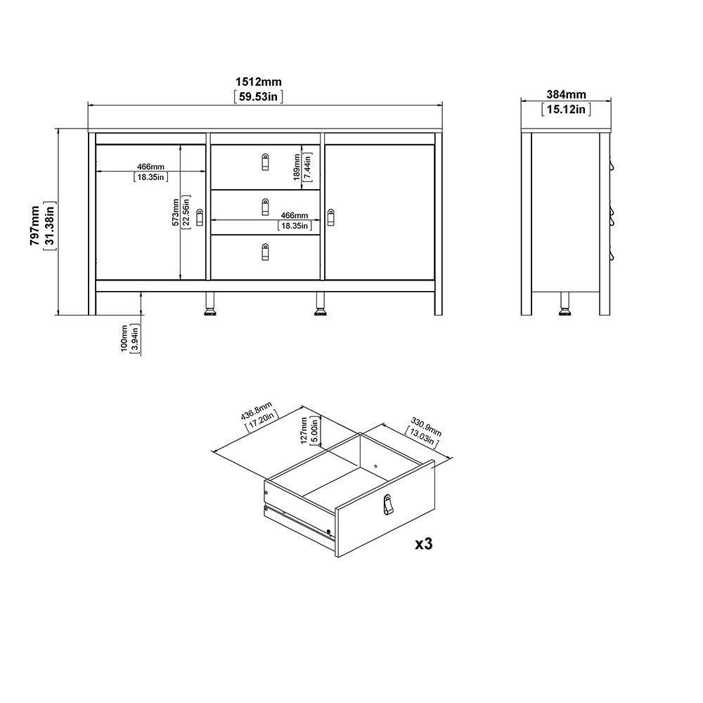 Modern Wide White 2 Door 3 Drawer Sideboard