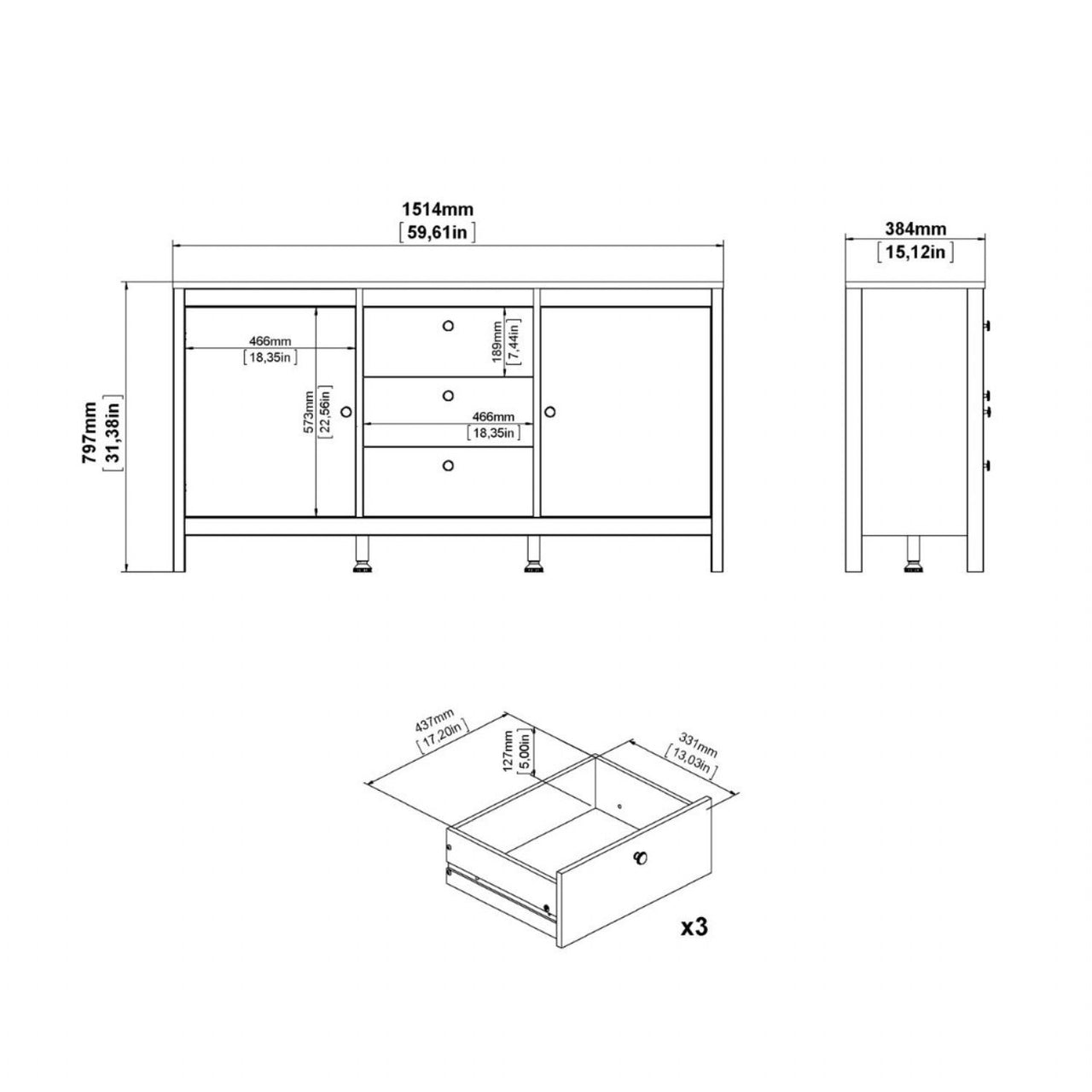 Matt Black 2 Door And 3 Drawer Sideboard