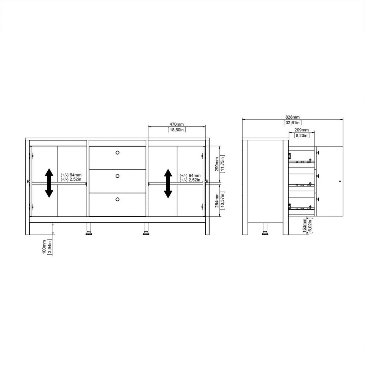 Matt Black 2 Door And 3 Drawer Sideboard