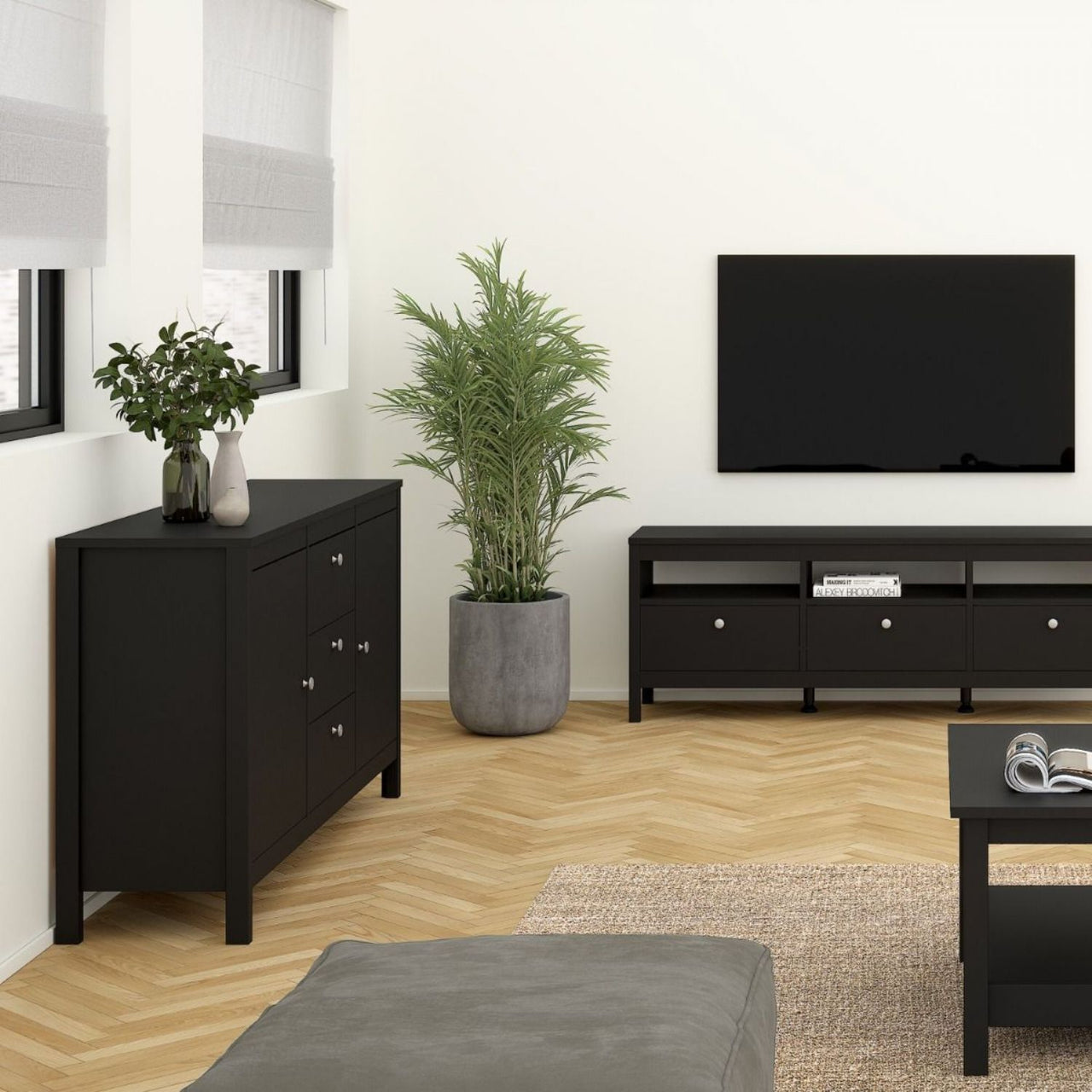 Matt Black 2 Door And 3 Drawer Sideboard