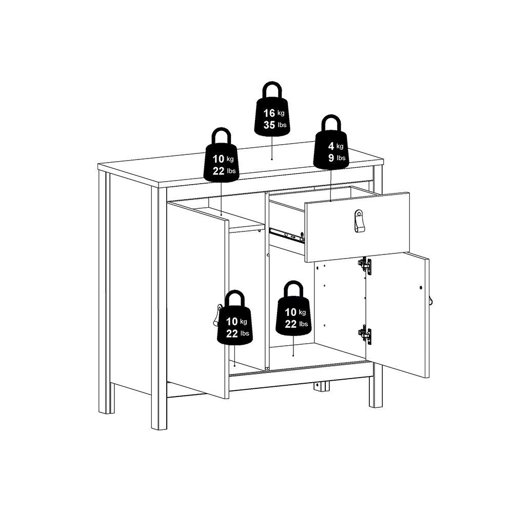 Matt Black 2 Door 1 Drawer Sideboard With Metal Knobs