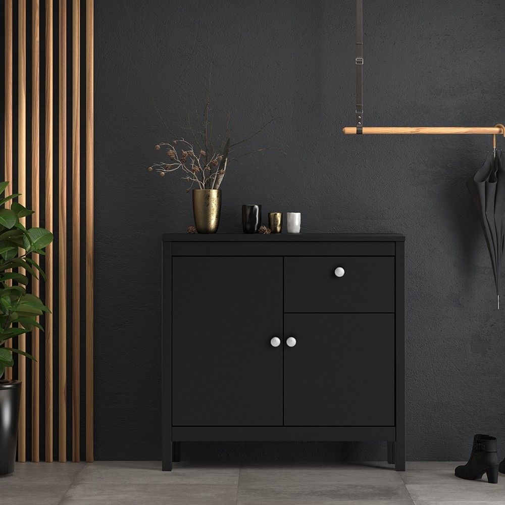 Matt Black 2 Door 1 Drawer Sideboard With Metal Knobs