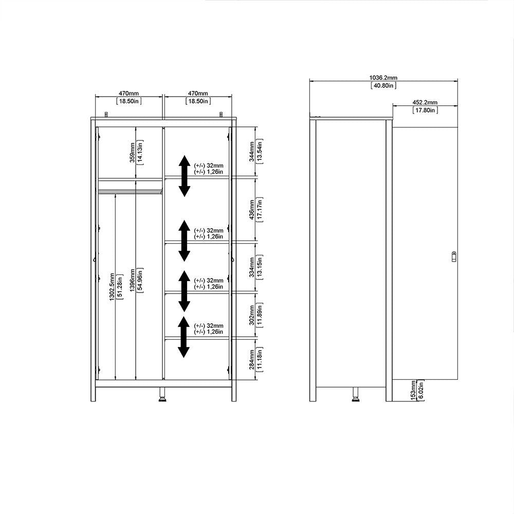 Traditional Matt Black 2 Door Wardrobe With Metal Round Handles