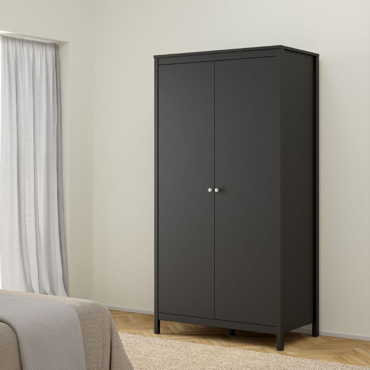 Traditional Matt Black 2 Door Wardrobe With Metal Round Handles