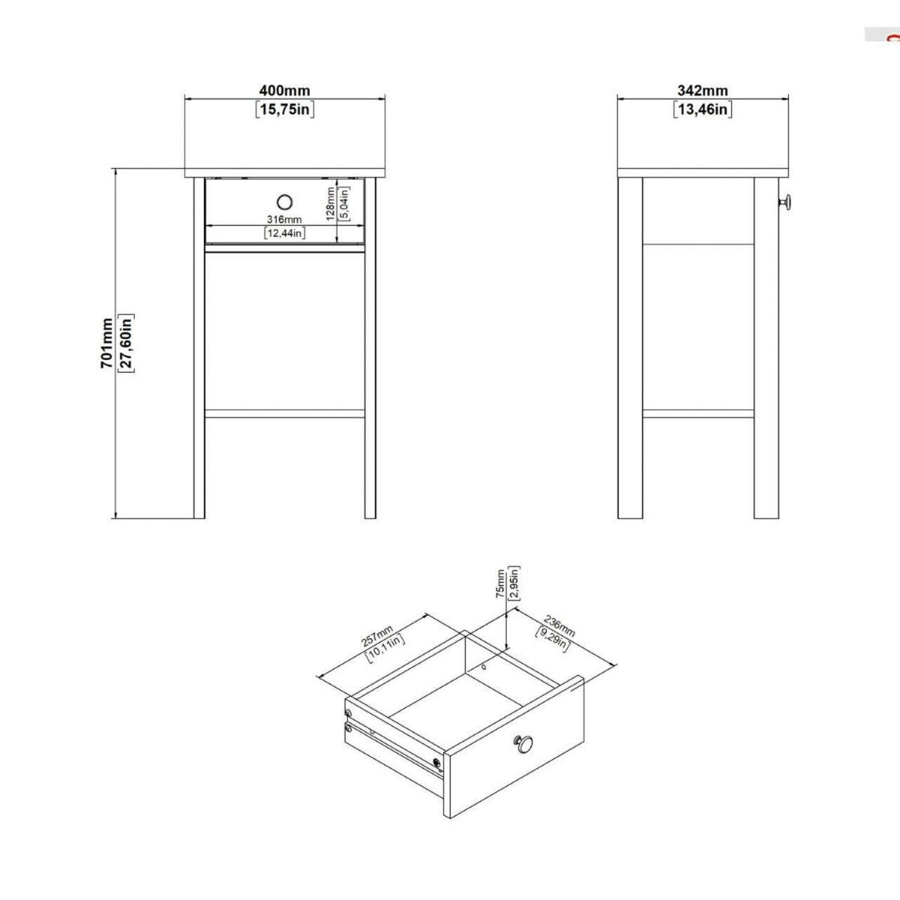 Madrid Bedside Table with 1 Drawer in White