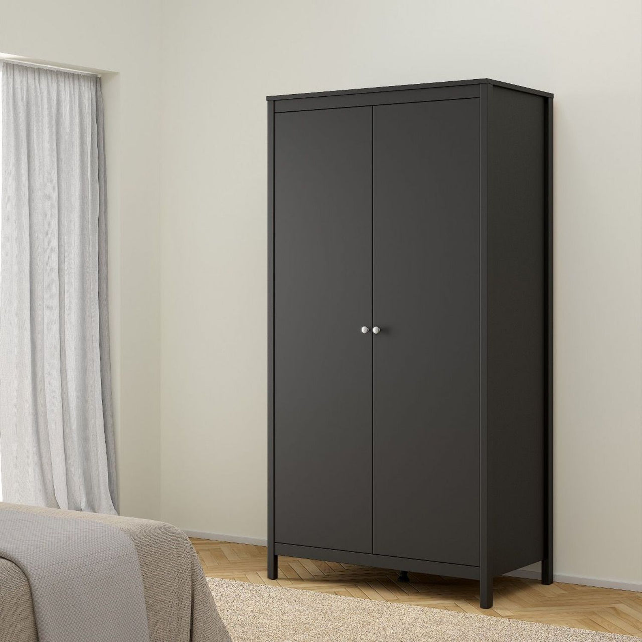 Madrid Package Bedside Table 2 drawers + Chest 3+2 drawer + Wardrobe with 2 doors in Matt Black