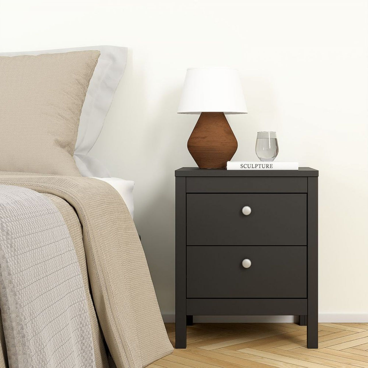 Madrid Package Bedside Table 2 drawers + Chest 3+2 drawer + Wardrobe with 2 doors in Matt Black