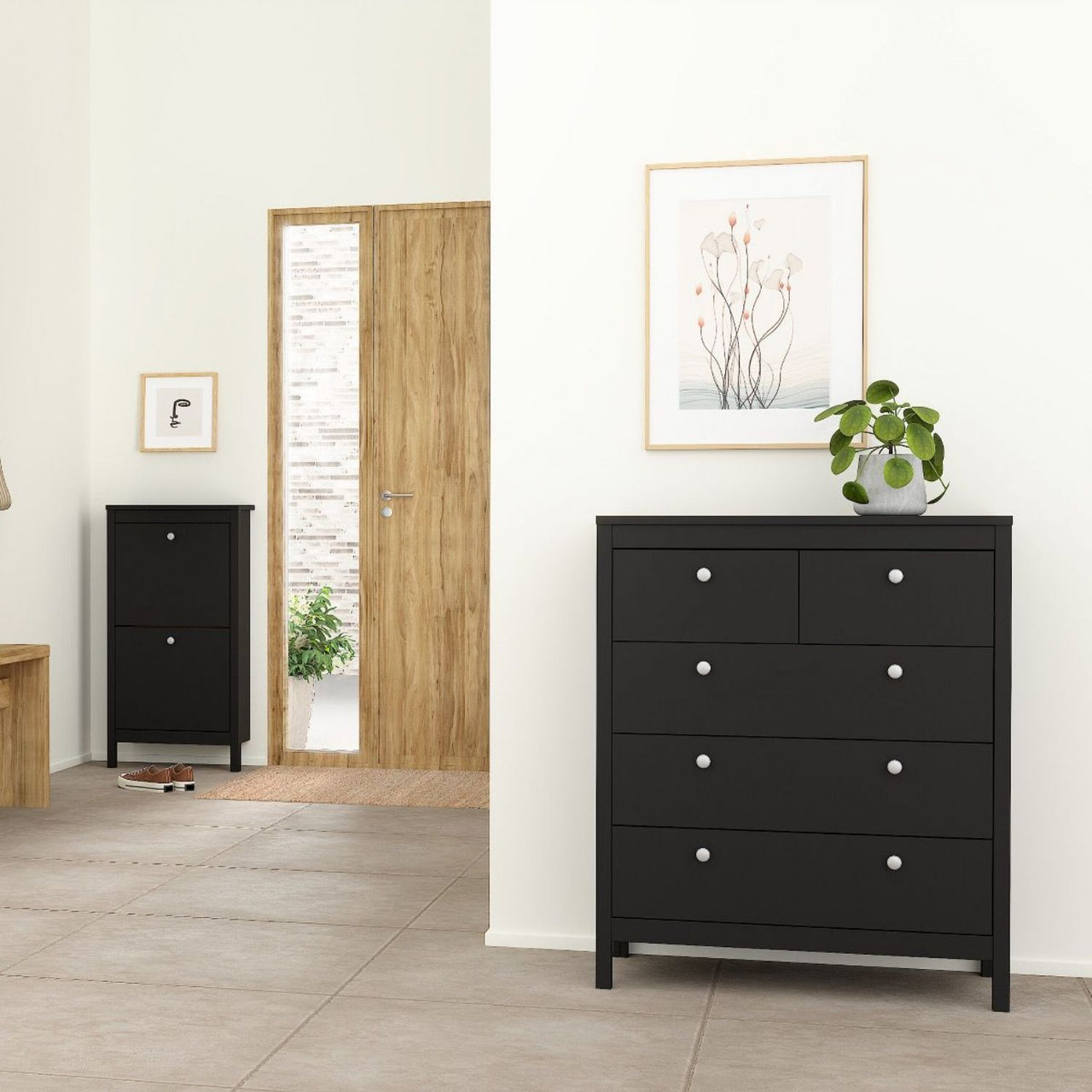 Madrid Package Bedside Table 2 drawers + Chest 3+2 drawer + Wardrobe with 2 doors in Matt Black