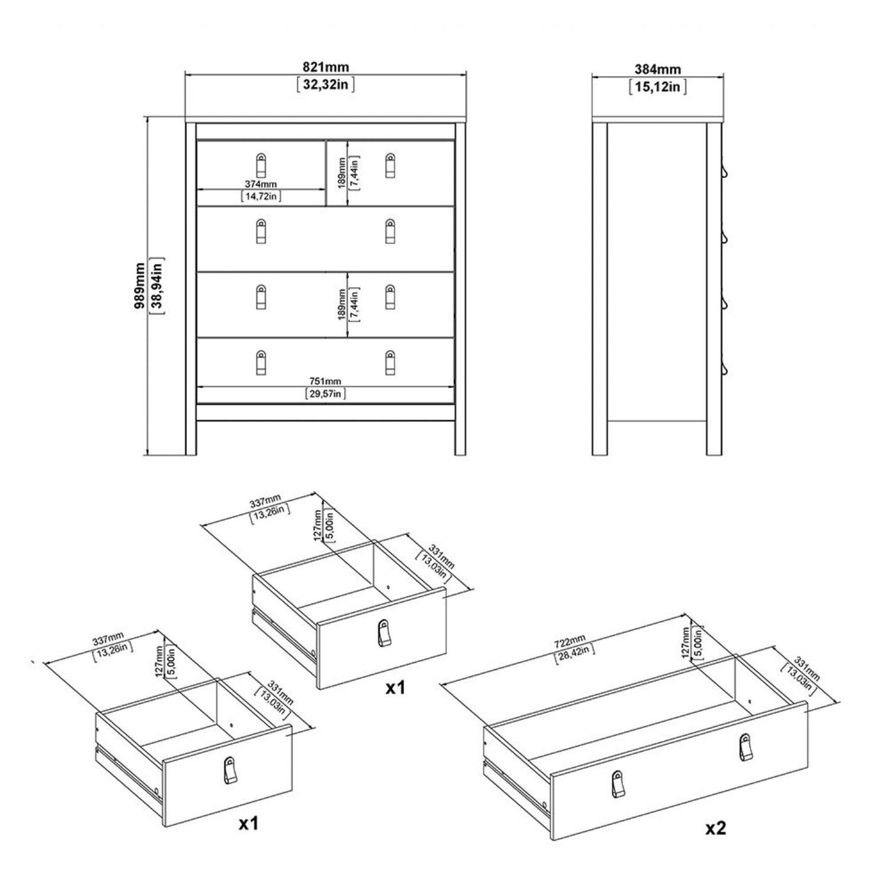 Madrid Package Bedside Table 2 drawers + Chest 3+2 drawer + Wardrobe with 2 doors in Matt Black