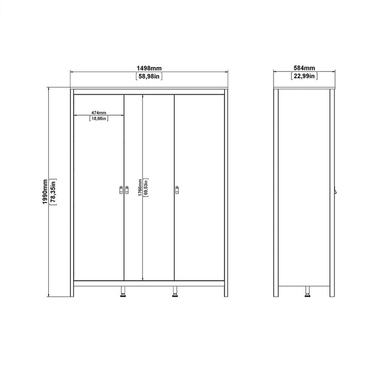 Madrid Package Bedside Table 2 drawers + Chest 3+2 drawer + Wardrobe with 3 doors in Matt Black