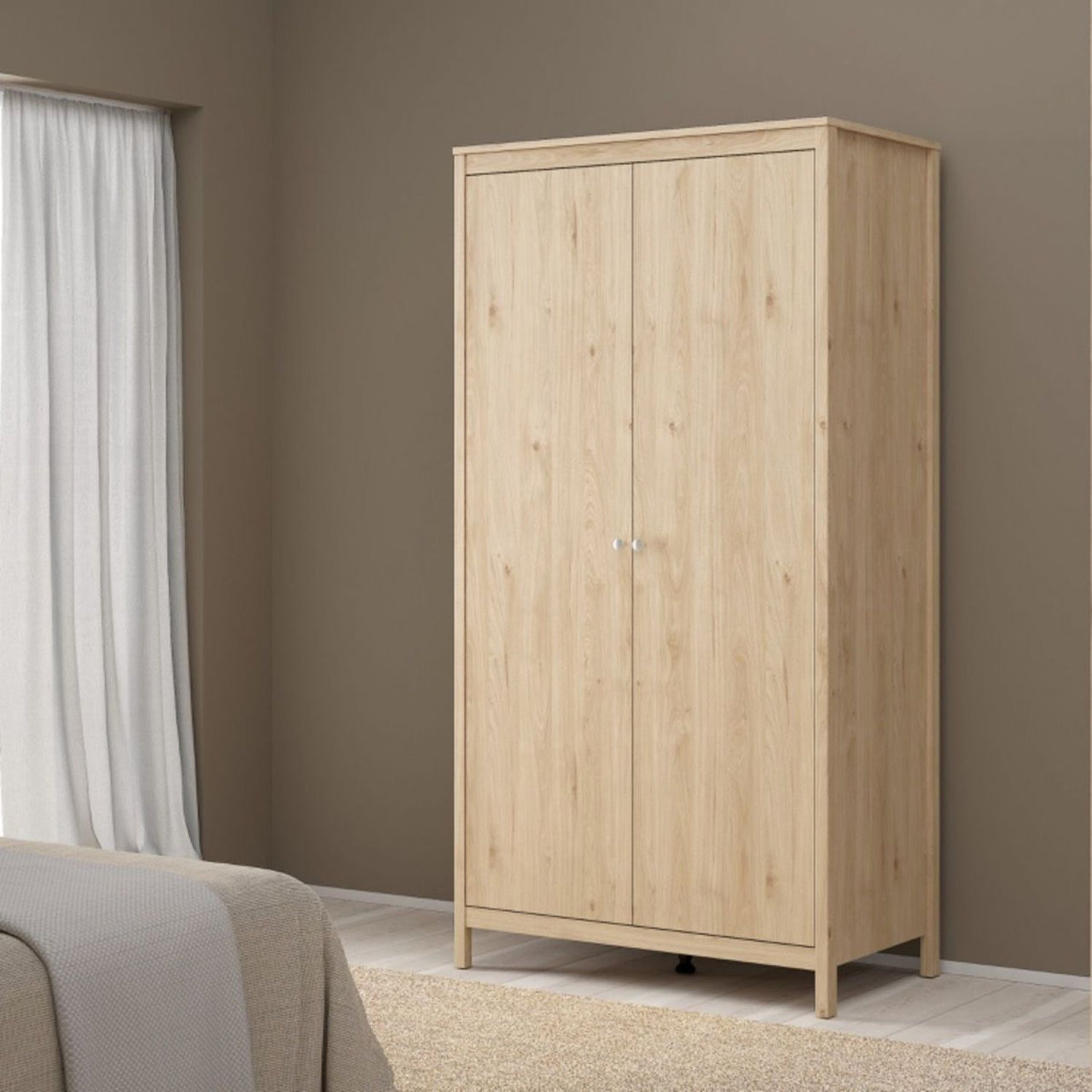 Madrid Package Bedside Table 2 Drawers + Chest 5 Drawer + 2 Door Wardrobe in Jackson Hickory Oak