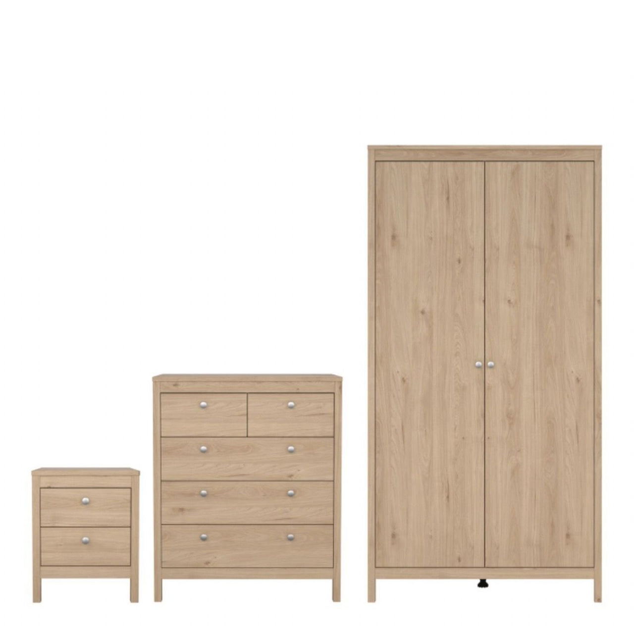 Madrid Package Bedside Table 2 Drawers + Chest 5 Drawer + 2 Door Wardrobe in Jackson Hickory Oak