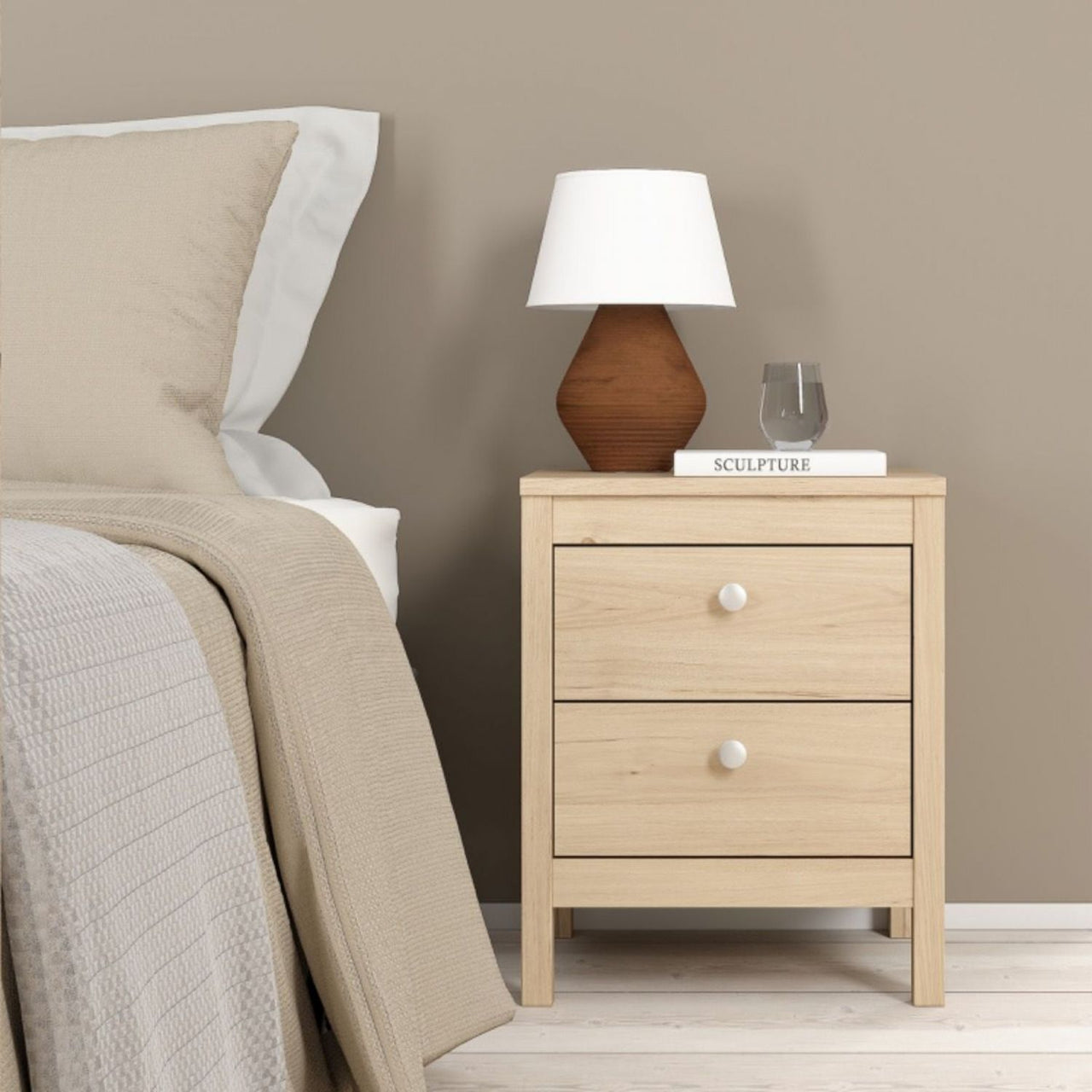 Madrid Package Bedside Table 2 Drawers + Chest 5 Drawer + 2 Door Wardrobe in Jackson Hickory Oak