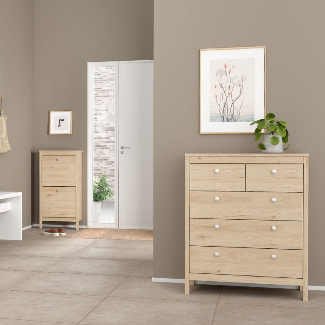 Madrid Package Bedside Table 2 Drawers + Chest 5 Drawer + 2 Door Wardrobe in Jackson Hickory Oak