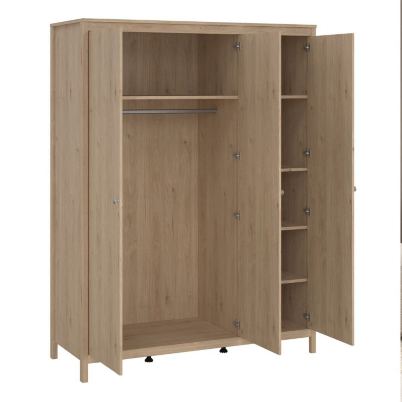 Madrid Package Bedside Table 2 Drawers + Chest 5 Drawer + 3 Door Wardrobe in Jackson Hickory Oak