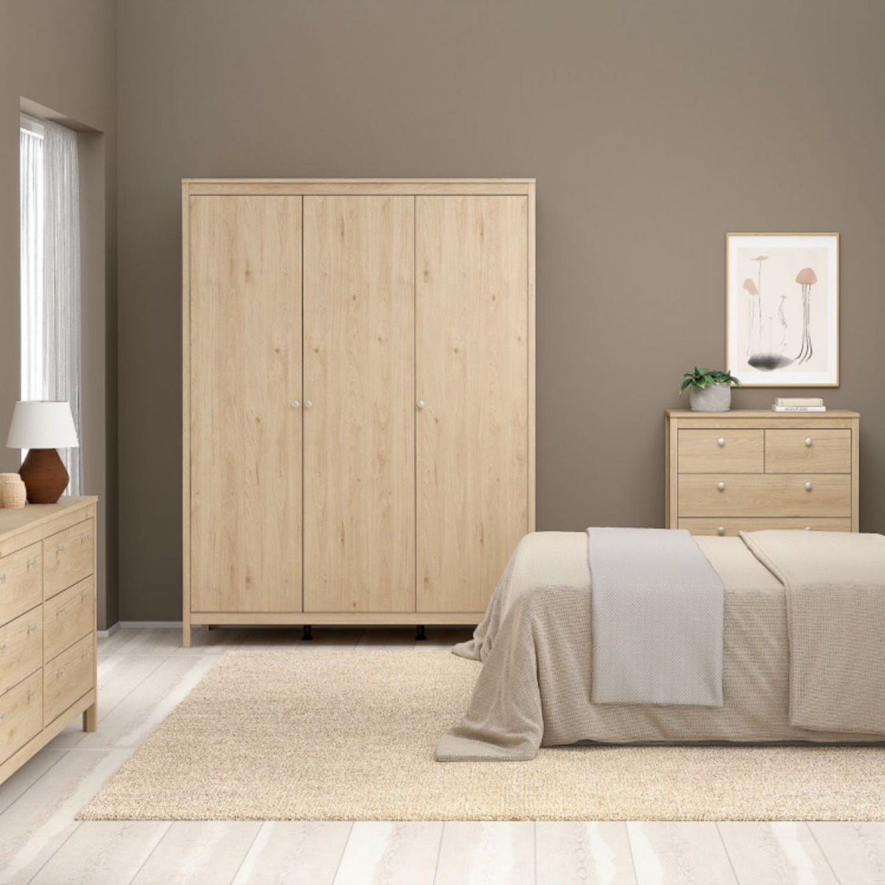 Madrid Package Bedside Table 2 Drawers + Chest 5 Drawer + 3 Door Wardrobe in Jackson Hickory Oak