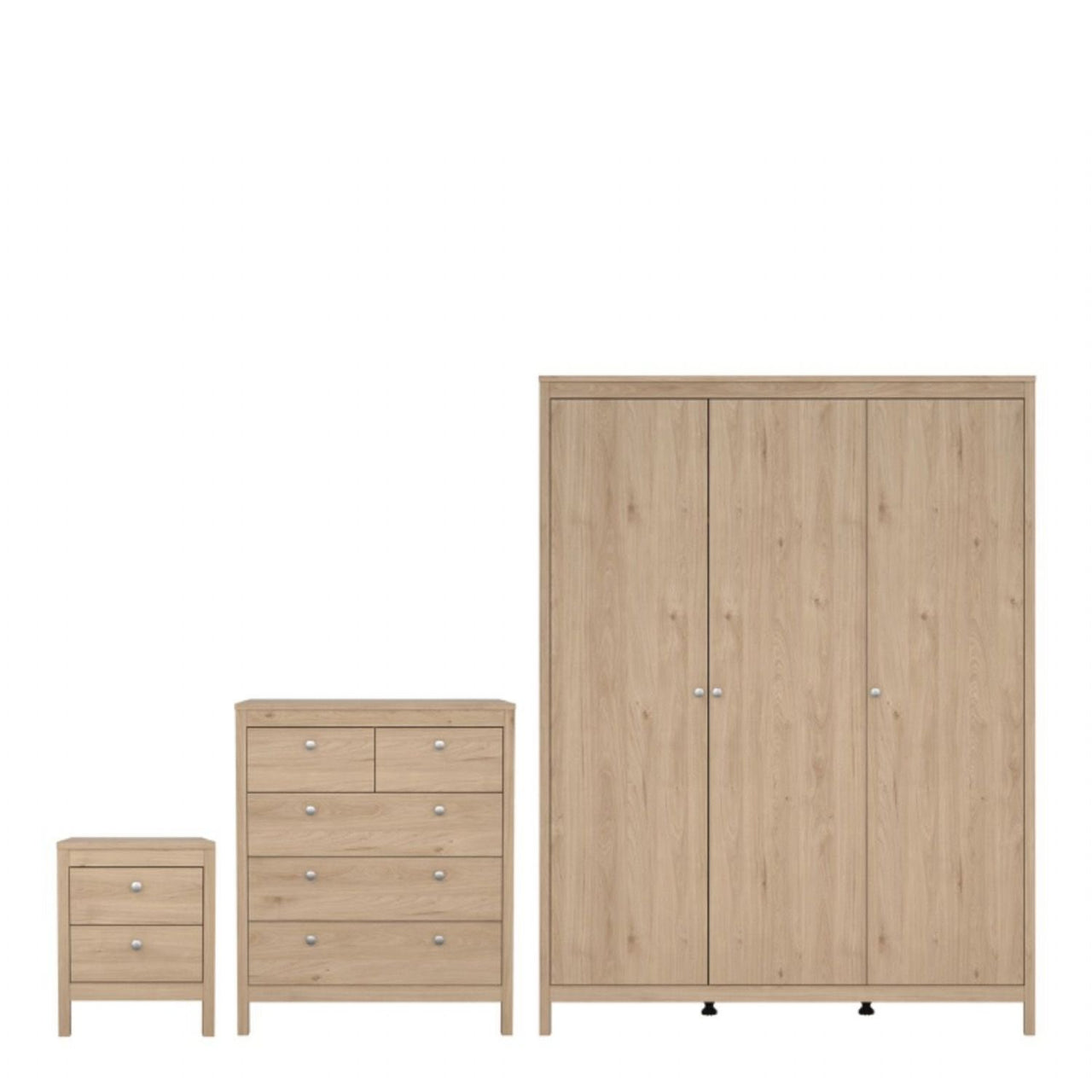 Madrid Package Bedside Table 2 Drawers + Chest 5 Drawer + 3 Door Wardrobe in Jackson Hickory Oak