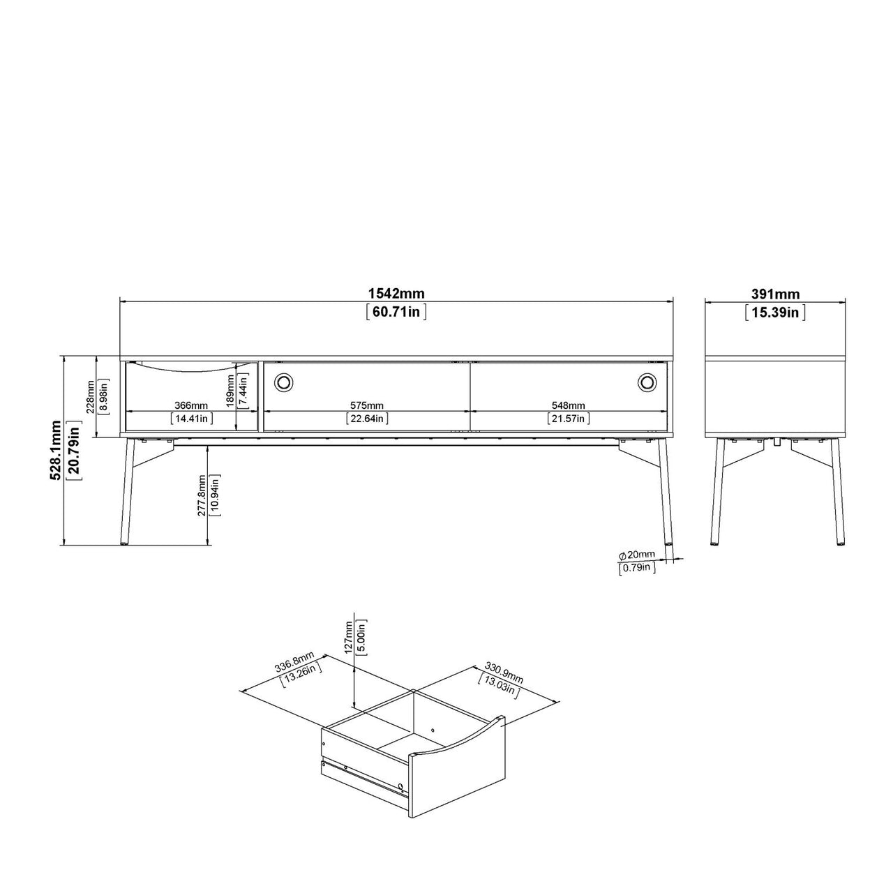 Fur TVUnit 2 sliding Doors + 1 Drawer in Grey and White